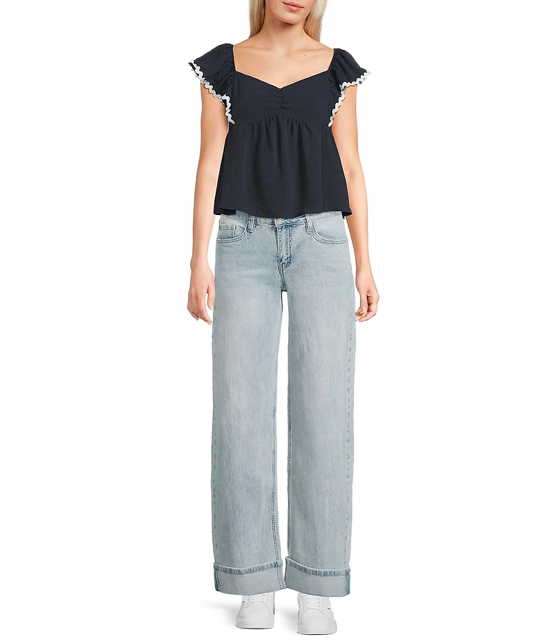 Honey & Sparkle Sweetheart Neck Ric Rac Trim Ruffle Sleeve Top