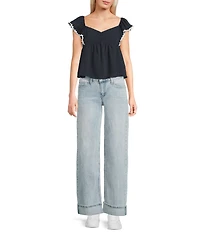 Honey & Sparkle Sweetheart Neck Ric Rac Trim Ruffle Sleeve Top