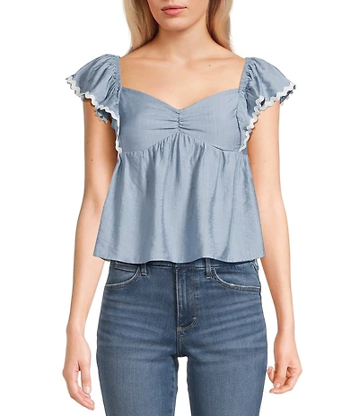 Honey & Sparkle Sweetheart Neck Ruffle Sleeve Ric Rac Trim Top