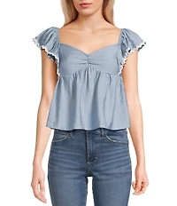 Honey & Sparkle Sweetheart Neck Ruffle Sleeve Ric Rac Trim Top