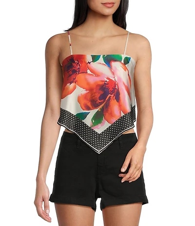 Honey & Sparkle Woven Large Floral Printed Satin Spaghetti Strap Hanky Hem Top