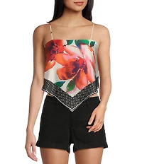 Honey & Sparkle Woven Large Floral Printed Satin Spaghetti Strap Hanky Hem Top