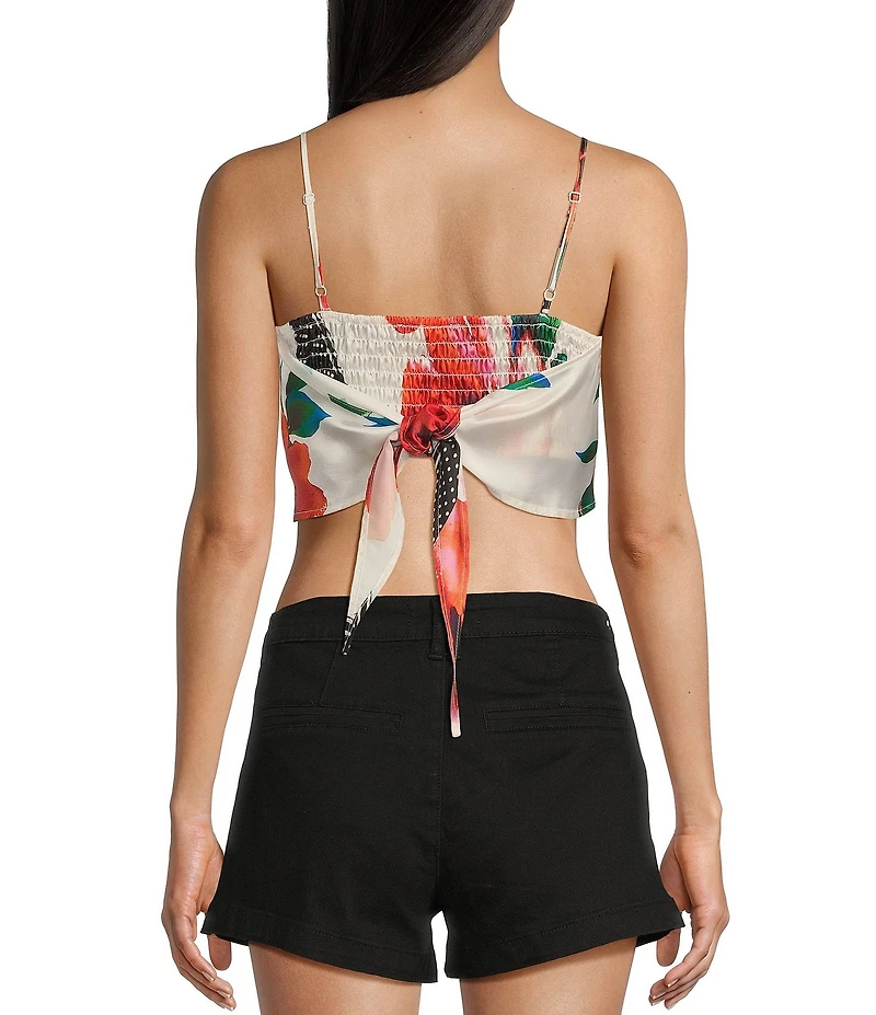 Honey & Sparkle Woven Large Floral Printed Satin Spaghetti Strap Hanky Hem Top