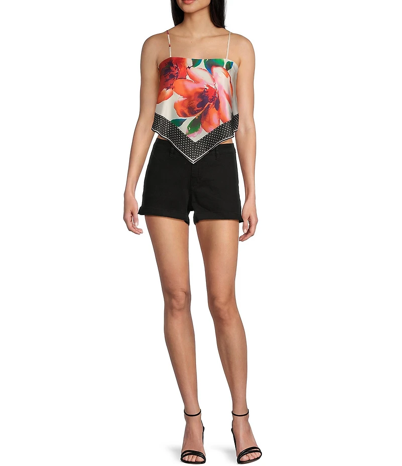 Honey & Sparkle Woven Large Floral Printed Satin Spaghetti Strap Hanky Hem Top