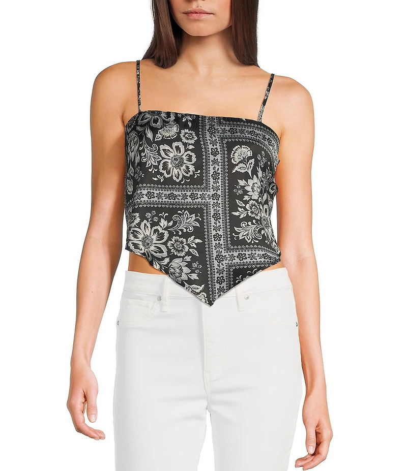 Honey & Sparkle Woven Printed Satin Spaghetti Strap Hanky Hem Top