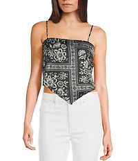 Honey & Sparkle Woven Printed Satin Spaghetti Strap Hanky Hem Top