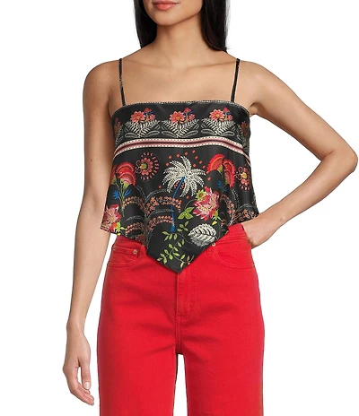Honey & Sparkle Woven Pattern Satin Spaghetti Strap Hanky Hem Top