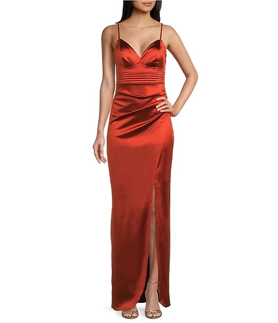 Honey and Rosie Asymmetrical Side Drape Side Slit Fitted Gown