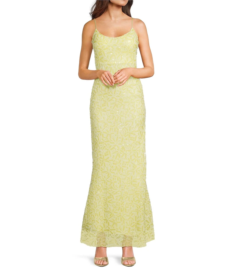Honey and Rosie Beaded Scoop Neck Cutout Back Flared Hem Long Dress