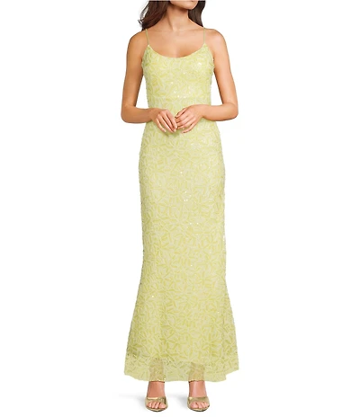 Honey and Rosie Beaded Scoop Neck Cutout Back Flared Hem Long Dress