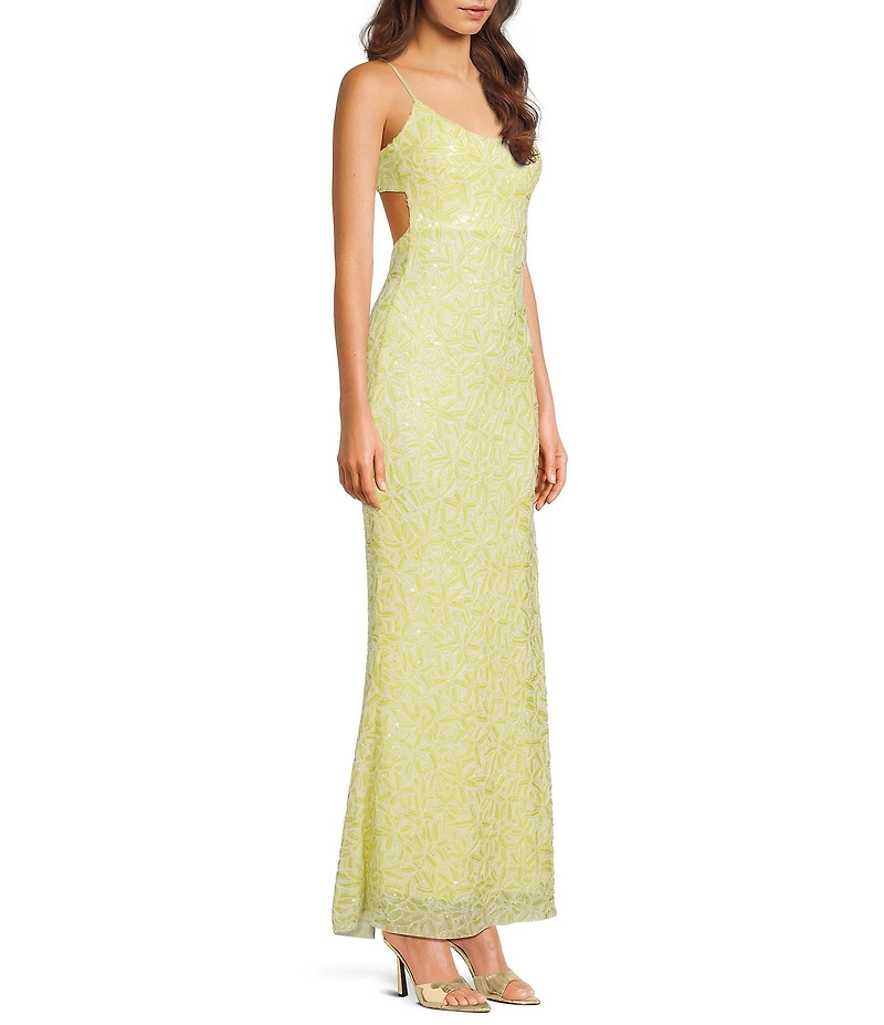 Honey and Rosie Beaded Scoop Neck Cutout Back Flared Hem Long Dress