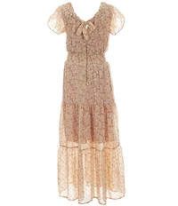 Honey and Rosie Big Girls Flutter Sleeve Floral-Printed Tiered Long Dress
