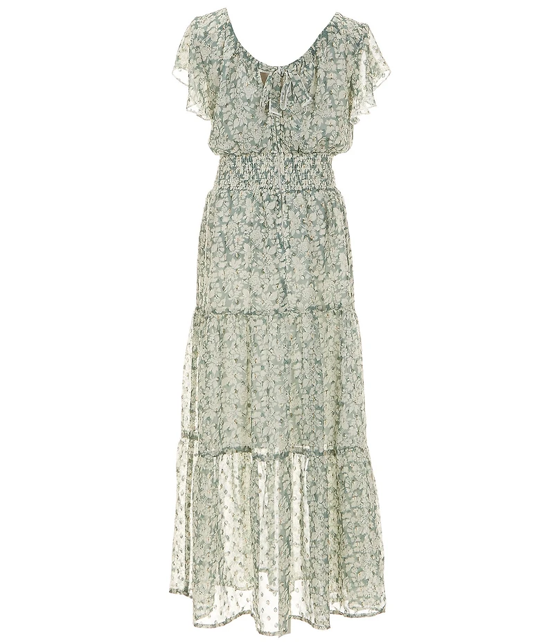 Honey and Rosie Big Girls Flutter Sleeve Floral-Printed Tiered Long Dress
