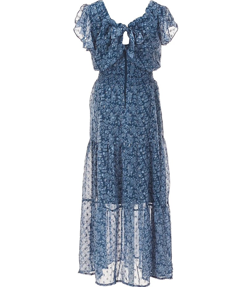 Honey and Rosie Big Girls Flutter Sleeve Floral-Printed Tiered Long Dress