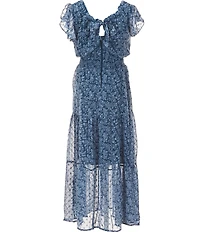 Honey and Rosie Big Girls Flutter Sleeve Floral-Printed Tiered Long Dress