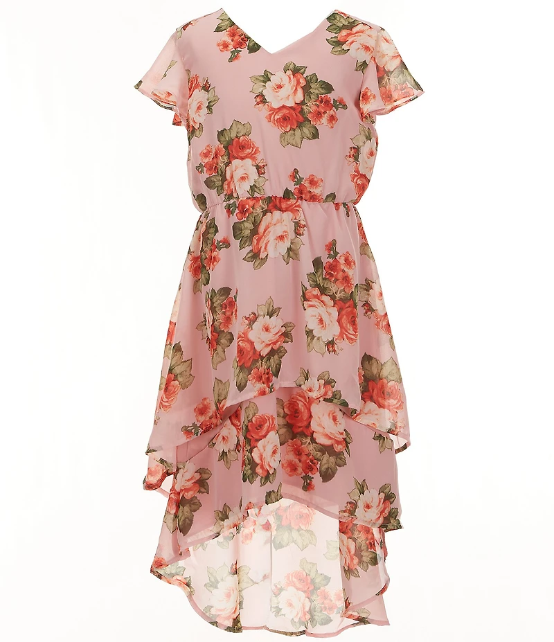 Honey and Rosie Big Girls Flutter-Sleeve Printed Ruffled Sharkbite-Hem Dress
