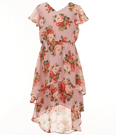 Honey and Rosie Big Girls Flutter-Sleeve Printed Ruffled Sharkbite-Hem Dress