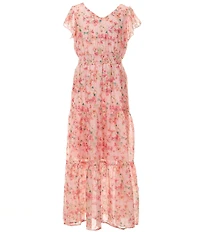 Honey and Rosie Big Girls Short Flutter Sleeves V-Neck Floral Maxi Dress