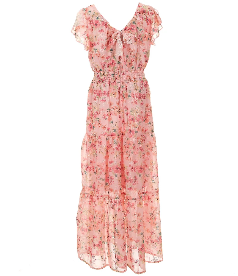 Honey and Rosie Big Girls Short Flutter Sleeves V-Neck Floral Maxi Dress