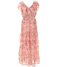 Honey and Rosie Big Girls Short Flutter Sleeves V-Neck Floral Maxi Dress