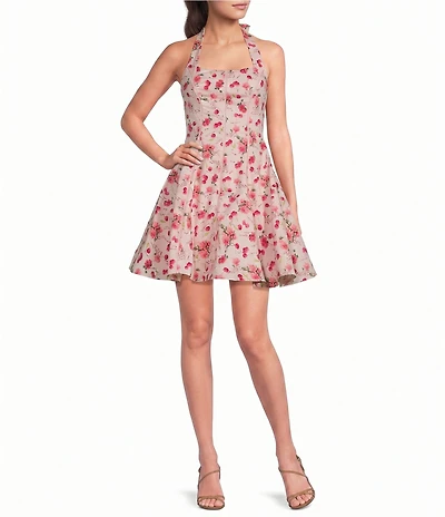Honey and Rosie Cherry Floral Printed Halter Neck Fit And Flare Dress