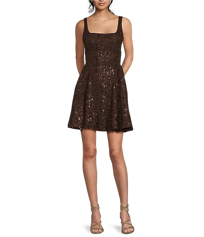 Honey and Rosie Corded Embroidered Lace Mesh Square Neck Side Godet Bow Back Dress