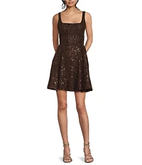 Honey and Rosie Corded Embroidered Lace Mesh Square Neck Side Godet Bow Back Dress
