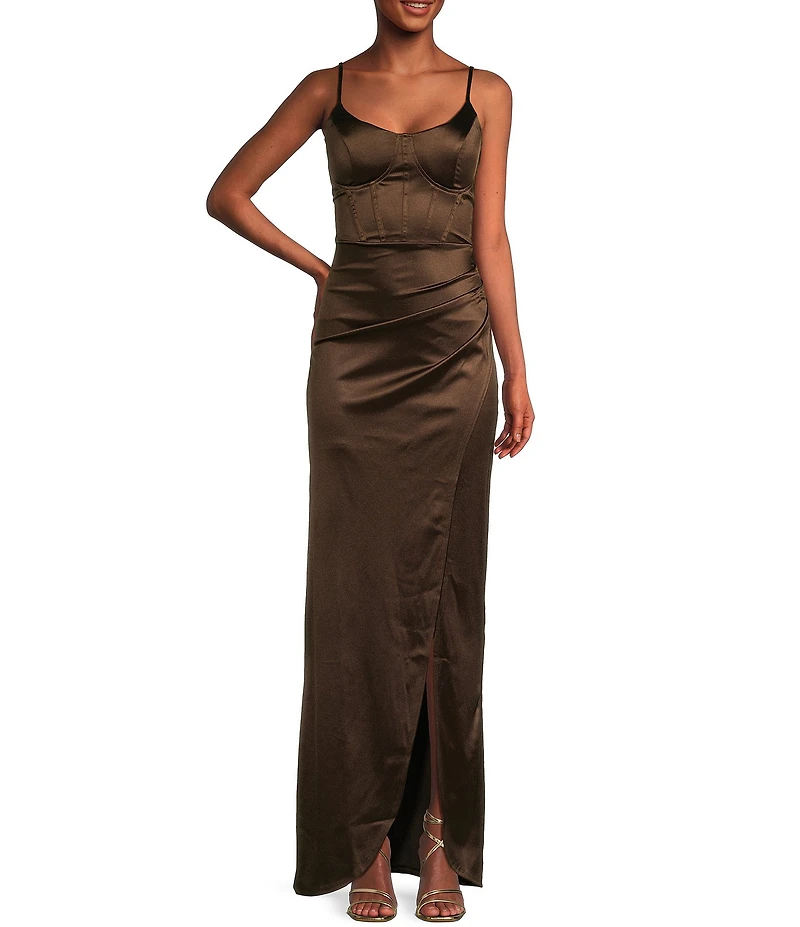 Honey and Rosie Corset Lace-Up Back Side Slit Long Dress