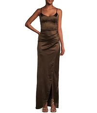 Honey and Rosie Corset Lace-Up Back Side Slit Long Dress