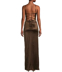 Honey and Rosie Corset Lace-Up Back Side Slit Long Dress