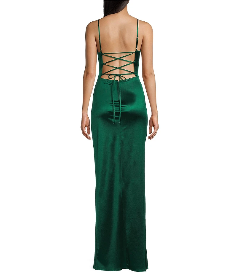 Honey and Rosie Corset Lace-Up Back Side Slit Long Dress