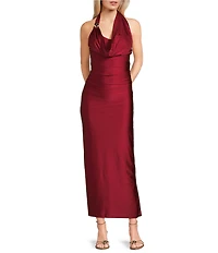 Honey and Rosie Cowl Halter Neck Hardware Shirred Maxi Dress