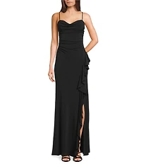 Honey and Rosie Cowl Neck Cascading Ruffle Side Slit Dress