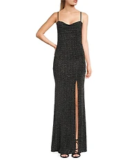 Honey and Rosie Cowl Neck Shirred Front Slit Long Dress