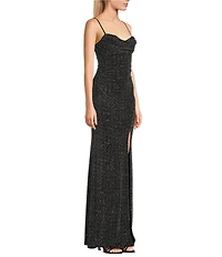 Honey and Rosie Cowl Neck Shirred Front Slit Long Dress