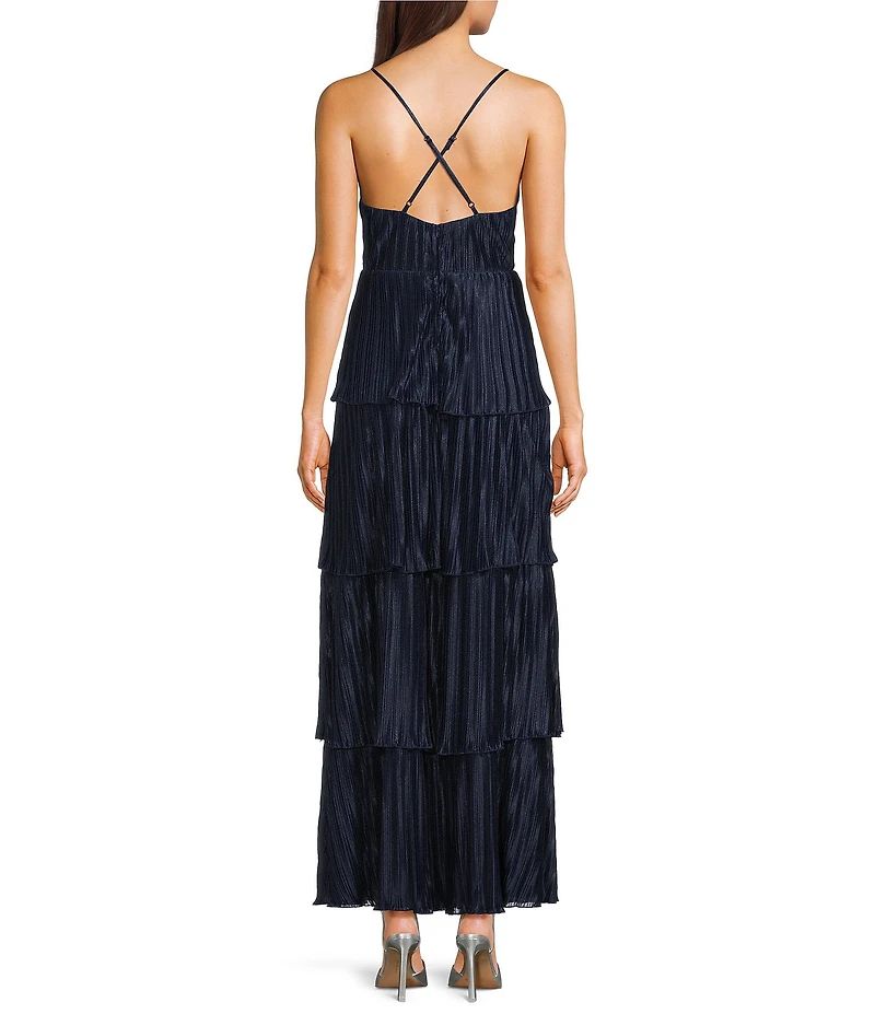 Honey and Rosie Deep V-Neck Ruffle Tiered Long Dress