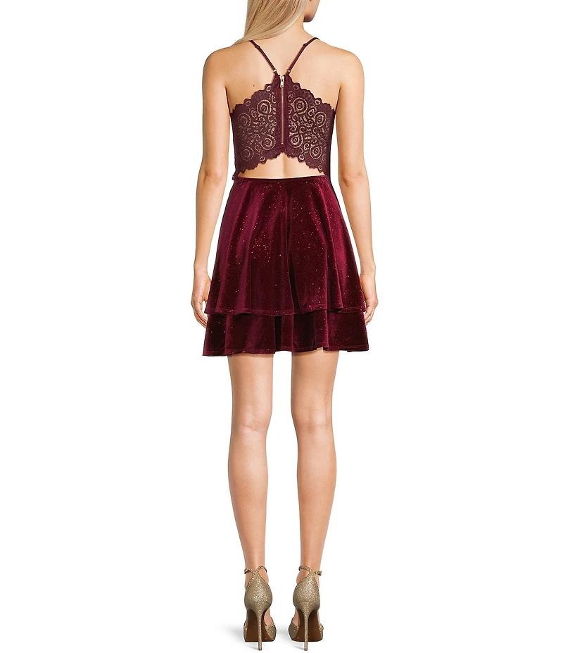 Honey and Rosie Deep V-Neck Scalloped Lace Back Fit And Flare Dress