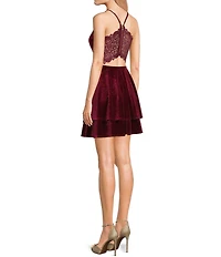 Honey and Rosie Deep V-Neck Scalloped Lace Back Fit And Flare Dress