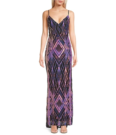 Honey and Rosie Deep V-Neck Sequin Patterned Long Dress