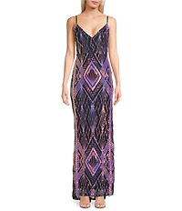 Honey and Rosie Deep V-Neck Sequin Patterned Long Dress