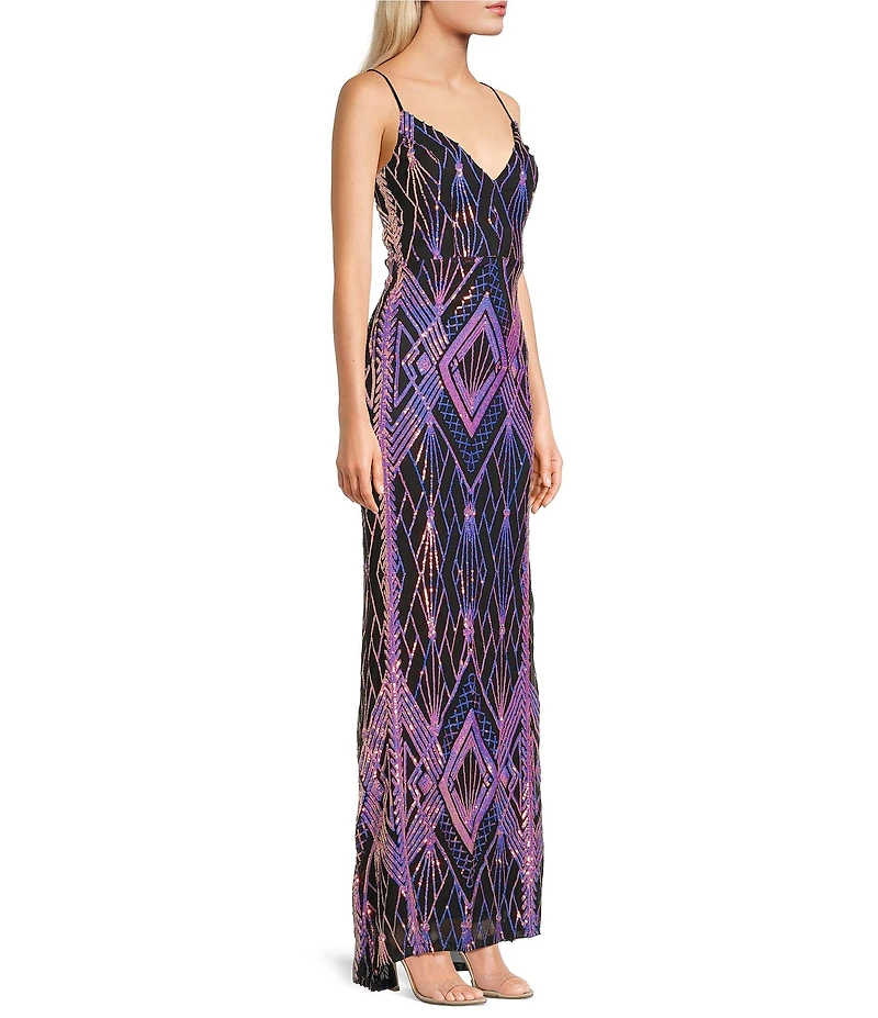 Honey and Rosie Deep V-Neck Sequin Patterned Long Dress