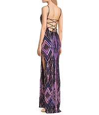Honey and Rosie Deep V-Neck Sequin Patterned Long Dress