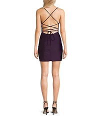 Honey and Rosie Deep V-Neck Shirred Lace-Up Tie Back Dress