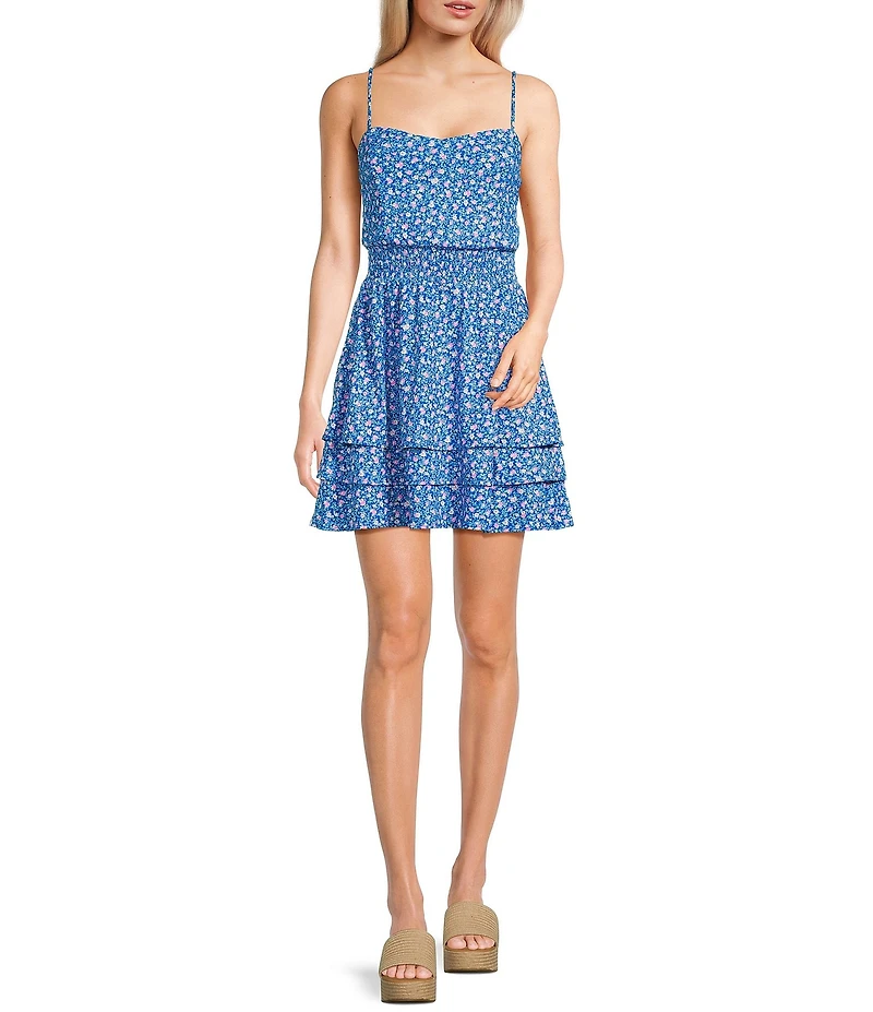 Honey and Rosie Ditsy Floral Rib Knit Sweetheart Neck Smocked Waist Tiered Dress