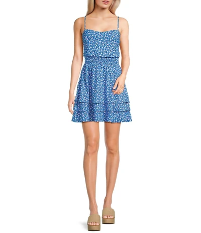 Honey and Rosie Ditsy Floral Rib Knit Sweetheart Neck Smocked Waist Tiered Dress