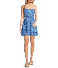 Honey and Rosie Ditsy Floral Rib Knit Sweetheart Neck Smocked Waist Tiered Dress