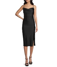 Honey and Rosie Drape Cowl Neck Lace Trim Shirred Bodycon Midi Dress