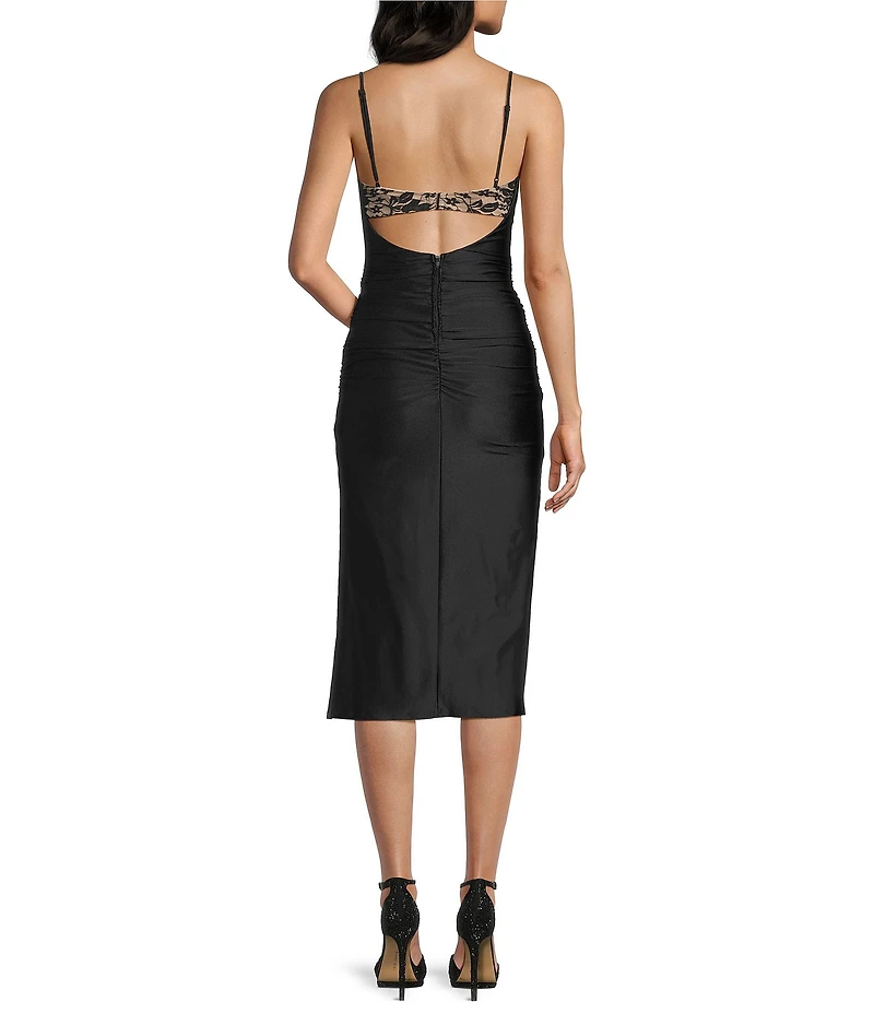 Honey and Rosie Drape Cowl Neck Lace Trim Shirred Bodycon Midi Dress