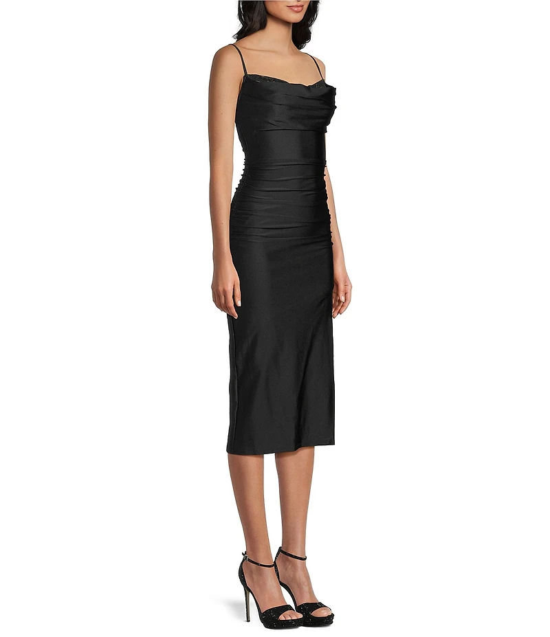 Honey and Rosie Drape Cowl Neck Lace Trim Shirred Bodycon Midi Dress