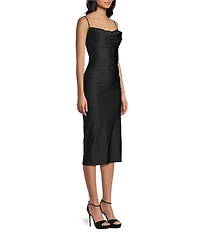 Honey and Rosie Drape Cowl Neck Lace Trim Shirred Bodycon Midi Dress